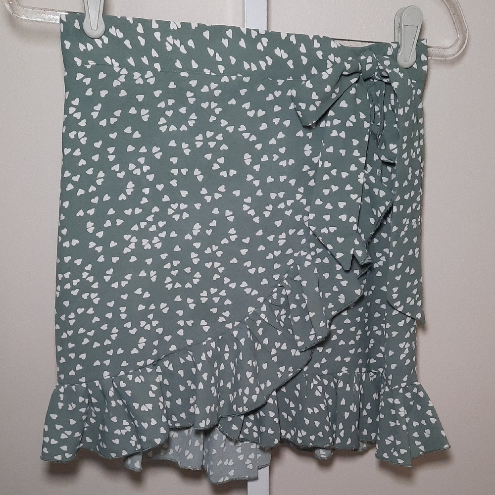 Shein Sage Green Heart Print Mini Wrap Skirt with Ruffles